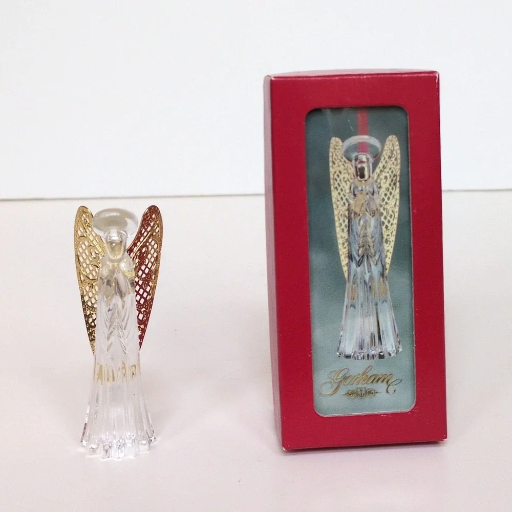 NIB Vtg Gorham Full Lead Crystal Angel Christmas Tree Ornament Gold‎ Metal Wings